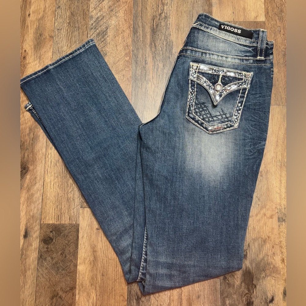 Vigoss Heritage Fit Jeans size 2 32L Slim Boot Embellished Rhinestone